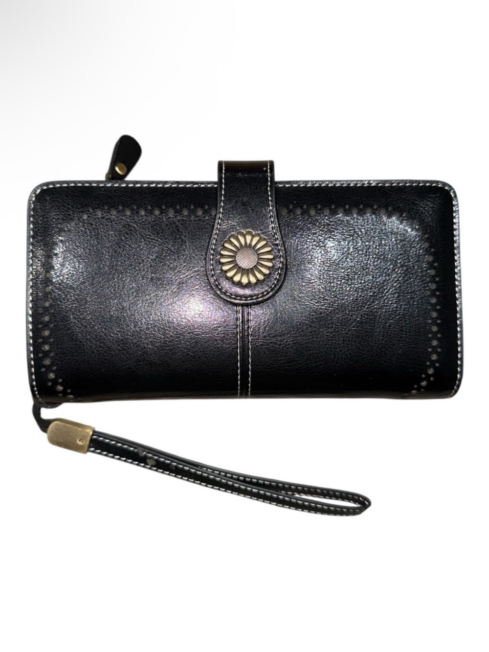 SENDEFN Black Leather Wristlet Wallet with Floral Snap Accent